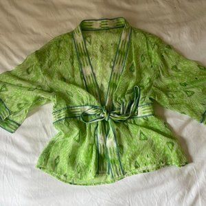 Unique Green Print Sheer Tie Top / Cover Up